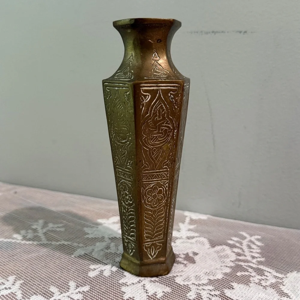 Vintage Etched Brass Bud Vase Unisex 5.5in Gold Middle Eastern Hexagonal